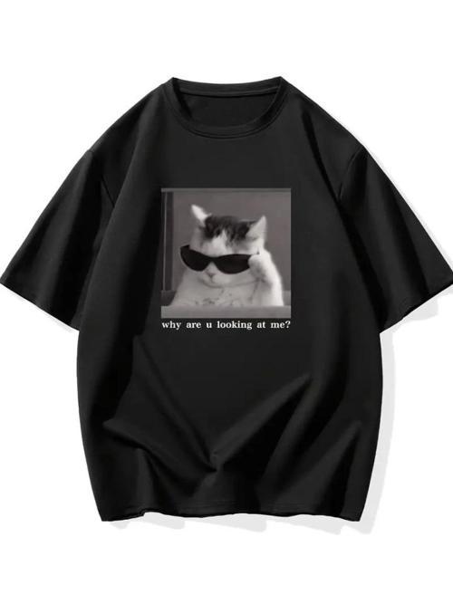 Baskılı Oversize Bisiklet Yaka T-shirt - Siyah