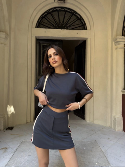 Osy Modal Yumuşak Dokulu Kumaş Parçalı Bisiklet Yaka T-shirt Mini Şortlu Etek İkili Takım - Füme