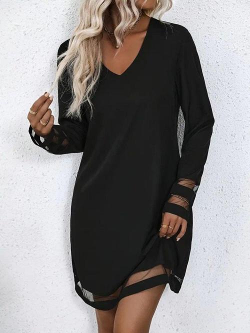 Kadın Uzun Kollu V Yakalı şeritli Tül Detaylı Ithal Krep Elbise