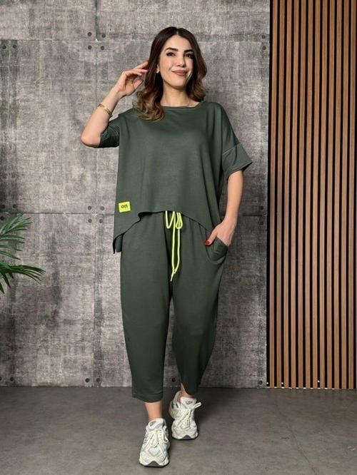 Kadın Kısa Kollu Bisiklet Yaka Viskon Iki Iplik Bluz Ve Pantolon Ikili Takım