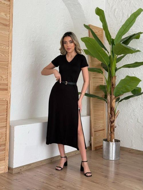 Kadın Kısa Kollu V Yaka Maxi Boy Elbise 124 Cm