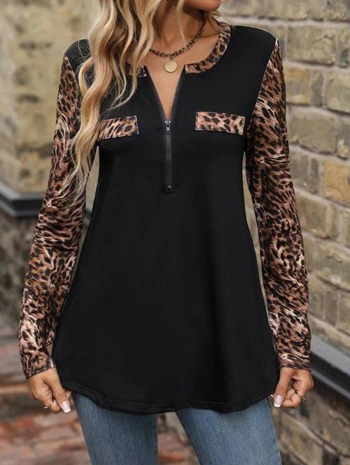Kadın Uzun Kollu önden Fermuarlı Cepli Leopar Detaylı Viskon