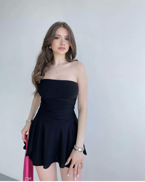 Straplez Sandy Kumaş Şortlu Prenses Etek Mini Klos Elbise- Siyah