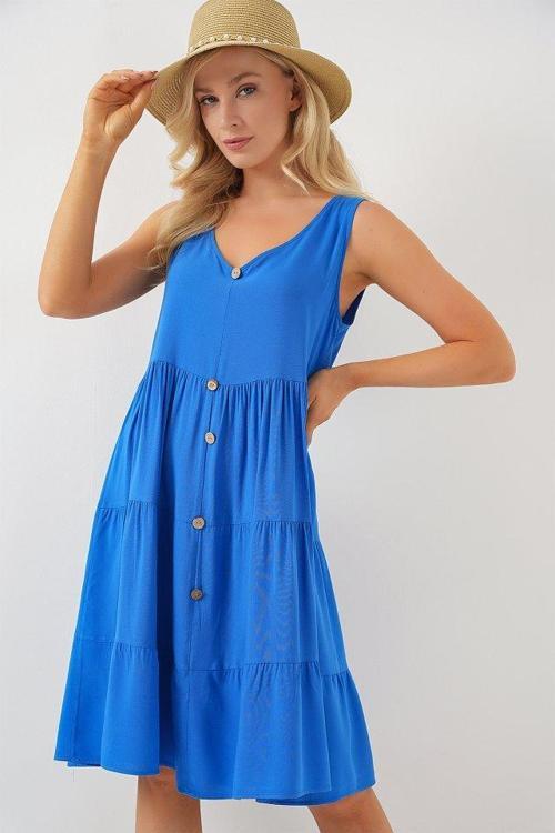 Sıfır Kol Düğmeli Kısa Elbise 2571 - Saks