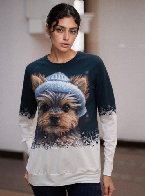 Kadın Uzun Kollu Bisiklet Yaka Köpek Baskılı şardonlu Dalgıç Bluz