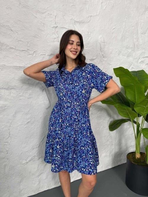 Baskılı Keten Elbise - Lacivert-Beyaz