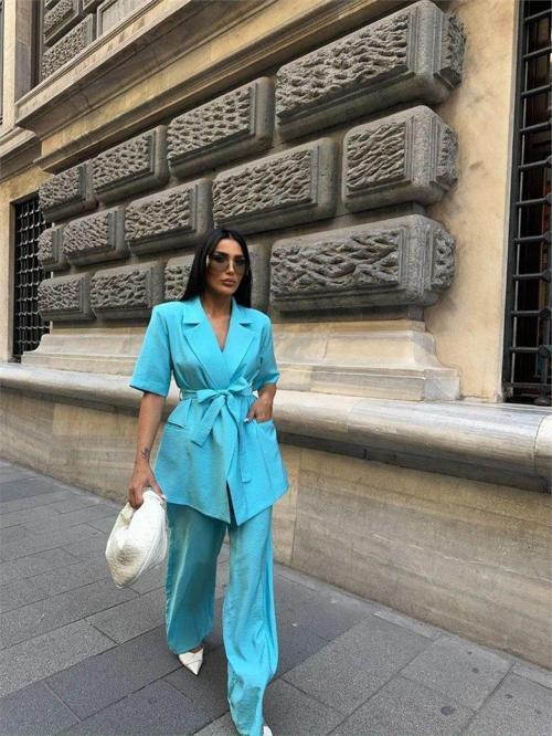 KISA KOL BAĞLAMA DETAYLI CEKET-PANTOLON TAKIM - Mavi