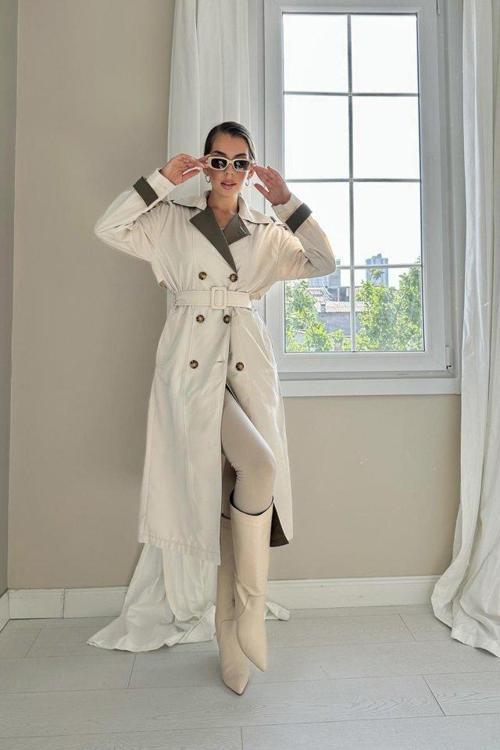 Bej Haki Arkası Çizgili Ve Kemerli Trençkot