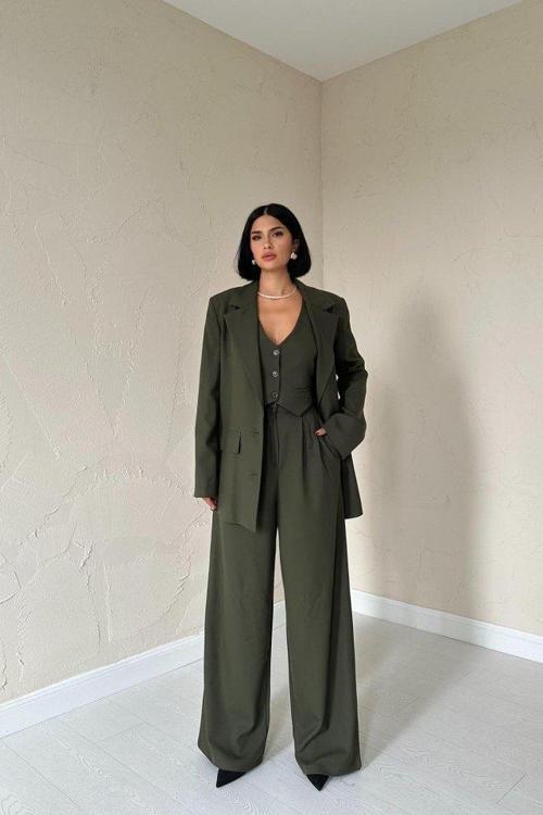 Haki Klas Ceket Ve Yelek Ve Pantolon Takım