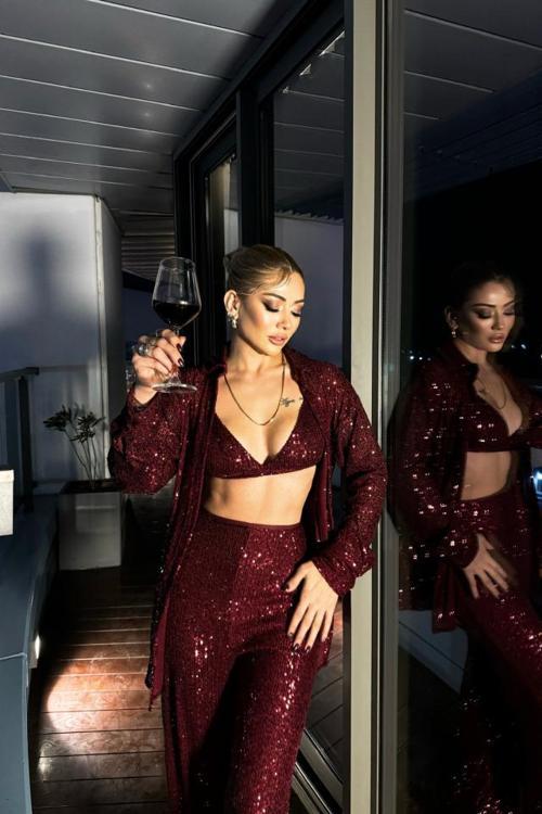 PUL PAYET 3 LÜ TAKIM - CEKET-BÜSTİYER-PANTOLON - Bordo