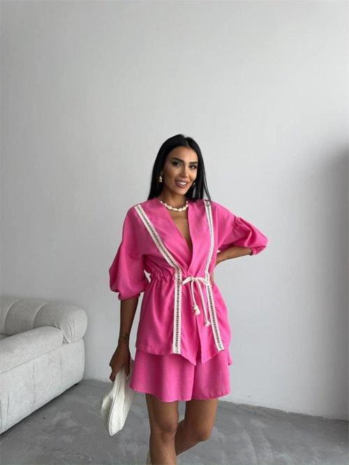 KETEN BEL BÜZGÜLÜ BLUZ-PANTOLON TAKIM - Fuşya