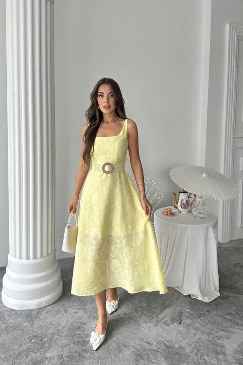 Sarı Kuplu Uzun Elbise