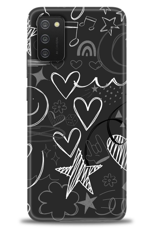 Samsung Galaxy A03S Kılıf HD Baskılı Kılıf - Siyah Kalp ve Notalar