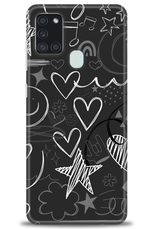 Samsung Galaxy A21S Kılıf HD Baskılı Kılıf - Siyah Kalp ve Notalar