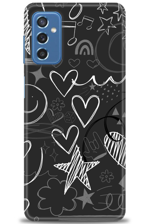 Samsung Galaxy M52 5G Kılıf HD Baskılı Kılıf - Siyah Kalp ve Notalar