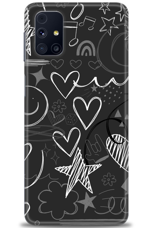 Samsung Galaxy M51 Kılıf HD Baskılı Kılıf - Siyah Kalp ve Notalar