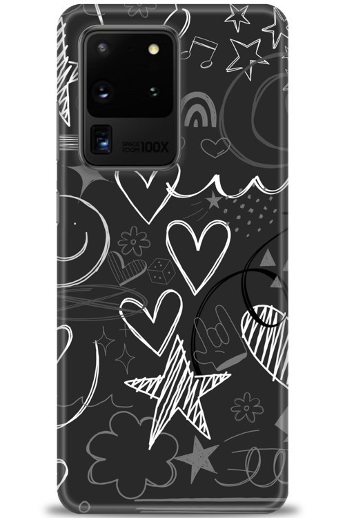 Samsung Galaxy S20 Ultra Kılıf HD Baskılı Kılıf - Siyah Kalp ve Notalar
