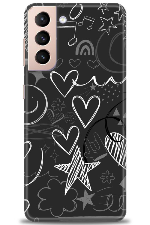 Samsung Galaxy S21 FE Kılıf HD Baskılı Kılıf - Siyah Kalp ve Notalar
