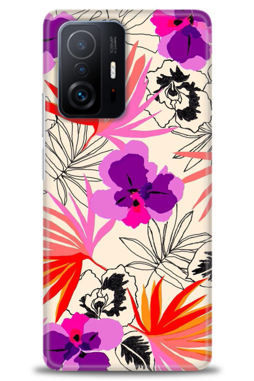 Xiaomi Mi 11T Pro Kılıf HD Baskılı Kılıf - Kırmızı Mor Çiçekler