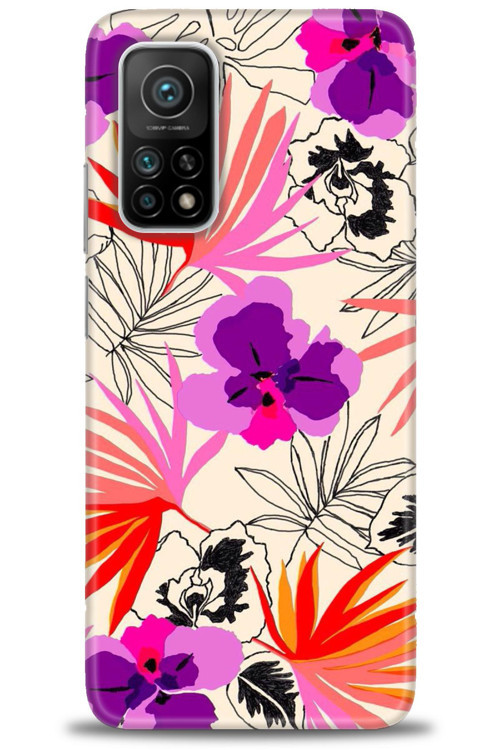 Xiaomi Mi 10T Pro Kılıf HD Baskılı Kılıf - Kırmızı Mor Çiçekler
