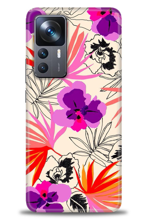 Xiaomi Mi 12T Pro Kılıf HD Baskılı Kılıf - Kırmızı Mor Çiçekler