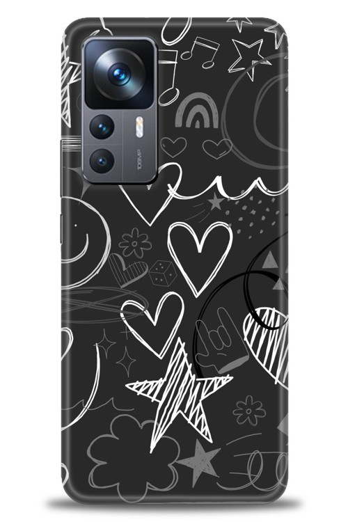 Xiaomi Mi 12T Pro Kılıf HD Baskılı Kılıf - Siyah Kalp ve Notalar