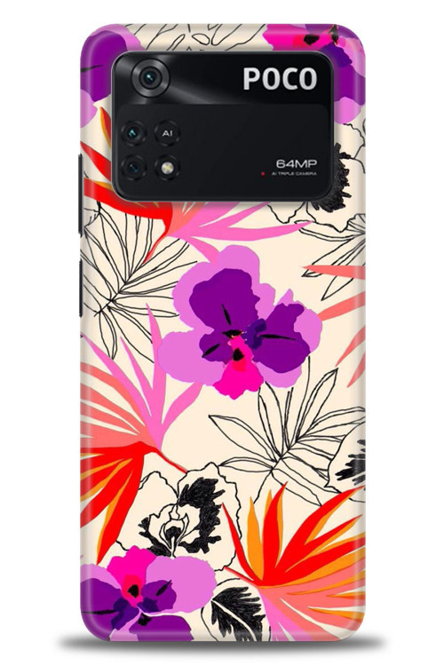 Xiaomi Poco M4 Pro 4G Kılıf HD Baskılı Kılıf - Kırmızı Mor Çiçekler