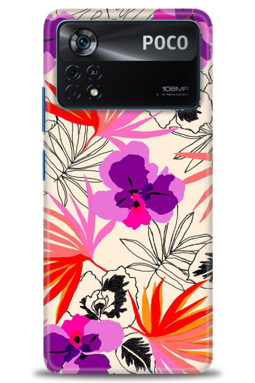 Xiaomi Poco X4 Pro 5G Kılıf HD Baskılı Kılıf - Kırmızı Mor Çiçekler