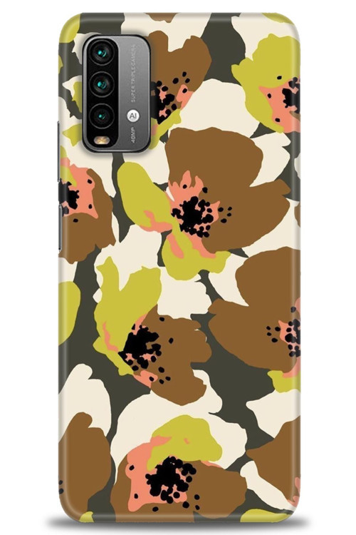 Xiaomi Redmi 9T Kılıf HD Baskılı Kılıf - Yeşil Kahve Çiçekler