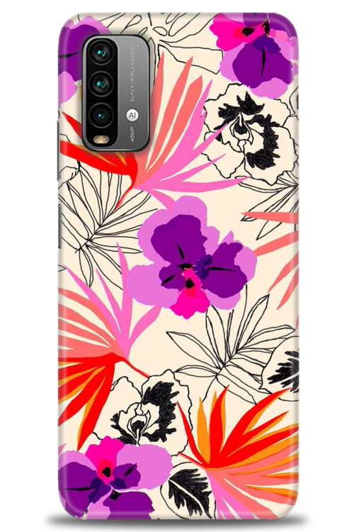 Xiaomi Redmi Note 9 4G Kılıf HD Baskılı Kılıf - Kırmızı Mor Çiçekler