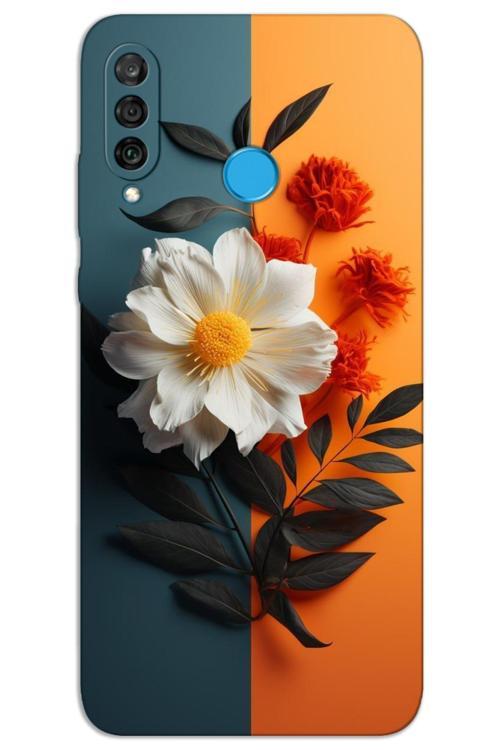 Huawei P30 Lite Kılıf HD Desen Baskılı Arka Kapak - Beyaz Turuncu Çiçek