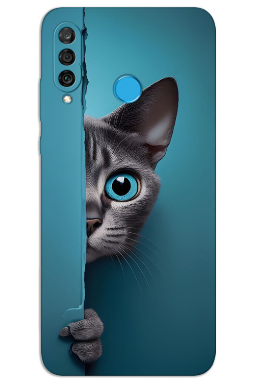 Huawei P30 Lite Kılıf HD Desen Baskılı Arka Kapak - Mavi Gözlü Kedi