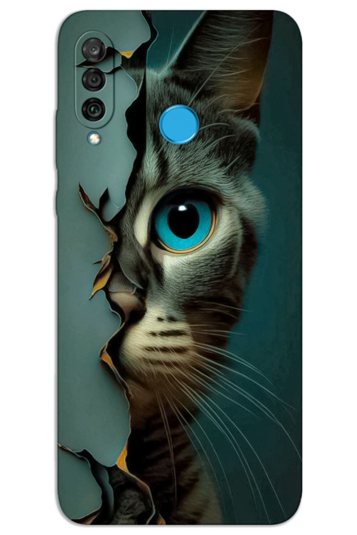 Huawei P30 Lite Kılıf HD Desen Baskılı Arka Kapak - Mavi Kedi