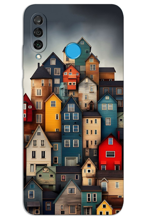 Huawei P30 Lite Kılıf HD Desen Baskılı Arka Kapak - Renkli Evler