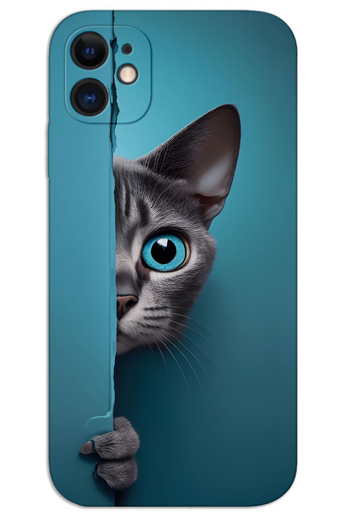 iPhone 12 Kılıf HD Desen Baskılı Arka Kapak - Mavi Gözlü Kedi
