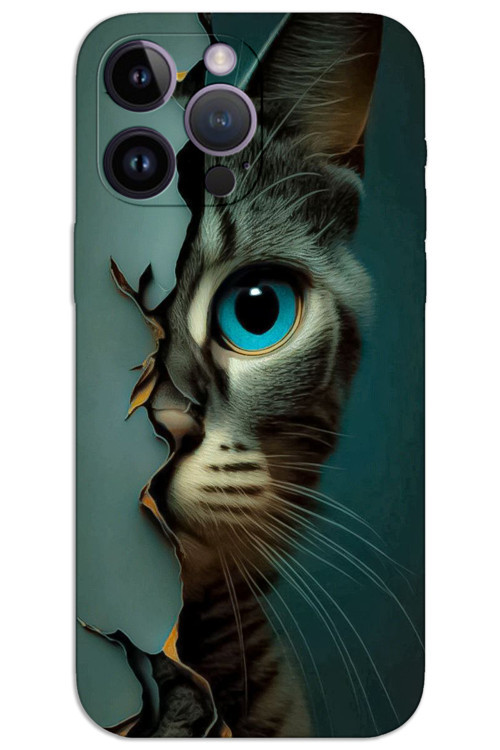 iPhone 14 Pro Kılıf HD Desen Baskılı Arka Kapak - Mavi Kedi