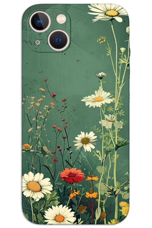 iPhone 15 Kılıf HD Desen Baskılı Arka Kapak - Yeşil Papatya