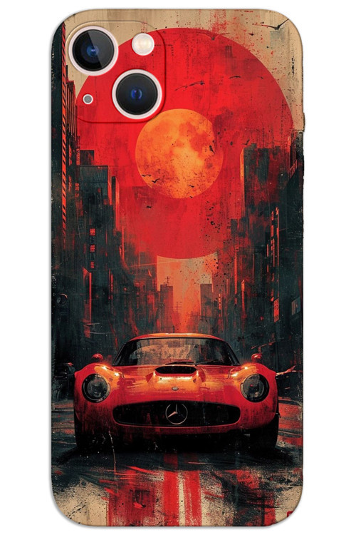 iPhone 15 Kılıf HD Desen Baskılı Arka Kapak - Kırmızı Mercedes