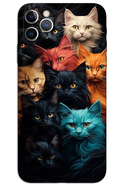 iPhone 11 Pro Max Kılıf HD Desen Baskılı Arka Kapak - Renkli Kediler