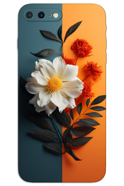 iPhone 8 Plus Kılıf HD Desen Baskılı Arka Kapak - Beyaz Turuncu Çiçek