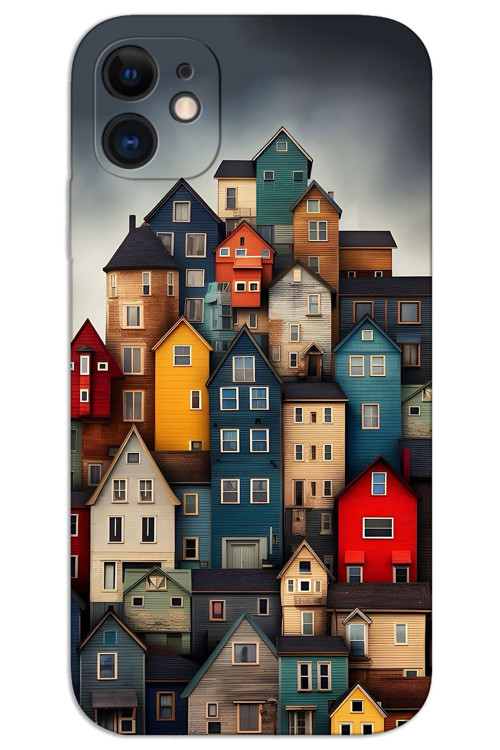 iPhone 11 Kılıf HD Desen Baskılı Arka Kapak - Renkli Evler