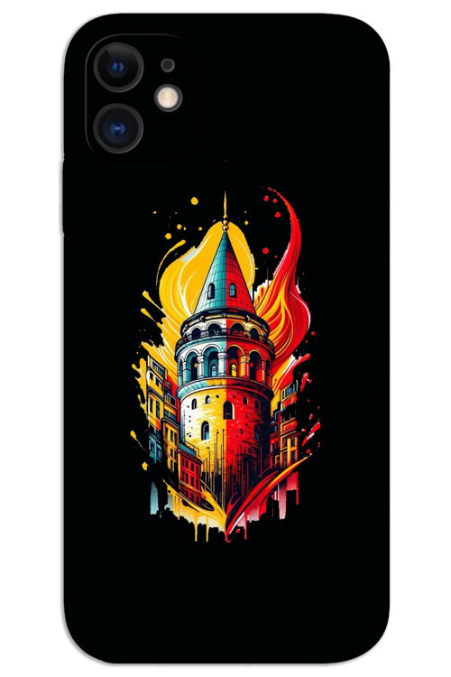 iPhone 11 Kılıf HD Desen Baskılı Arka Kapak - Sarı Kırmızı Galata