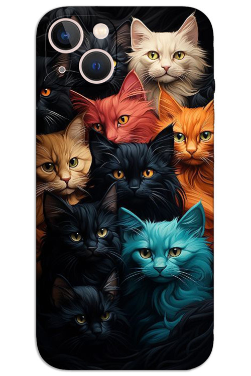 iPhone 14 Plus Kılıf HD Desen Baskılı Arka Kapak - Renkli Kediler