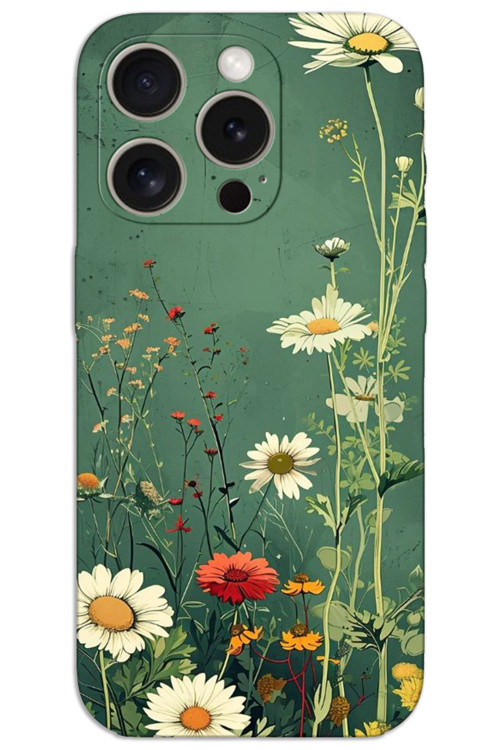 iPhone 15 Pro Max Kılıf HD Desen Baskılı Arka Kapak - Yeşil Papatya