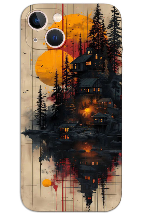 iPhone 15 Kılıf HD Desen Baskılı Arka Kapak - Ahşap Evler