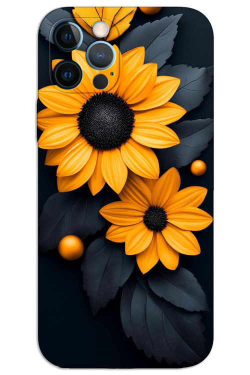 iPhone 12 Pro Max Kılıf HD Desen Baskılı Arka Kapak - Siyah Çiçek