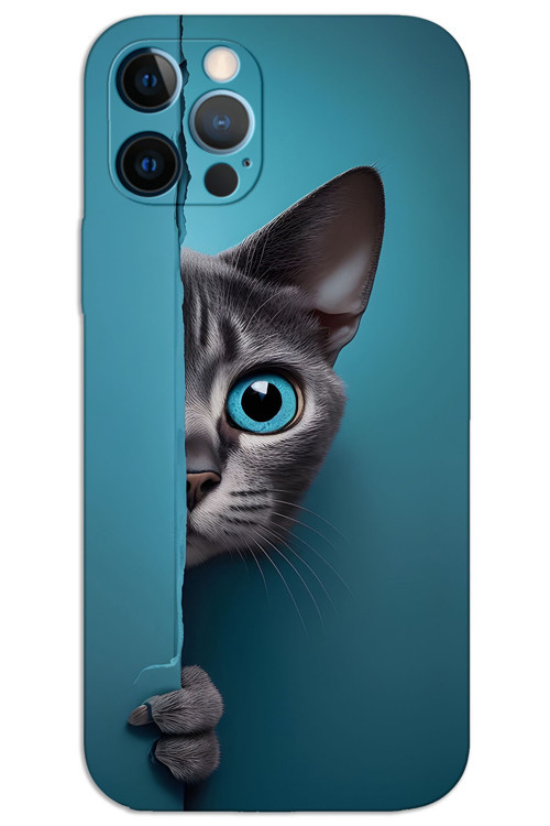 iPhone 12 Pro Max Kılıf HD Desen Baskılı Arka Kapak - Mavi Gözlü Kedi