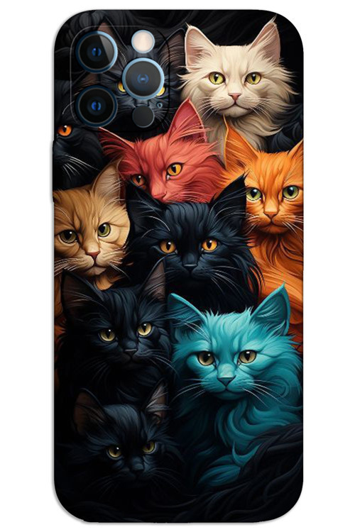 iPhone 12 Pro Max Kılıf HD Desen Baskılı Arka Kapak - Renkli Kediler