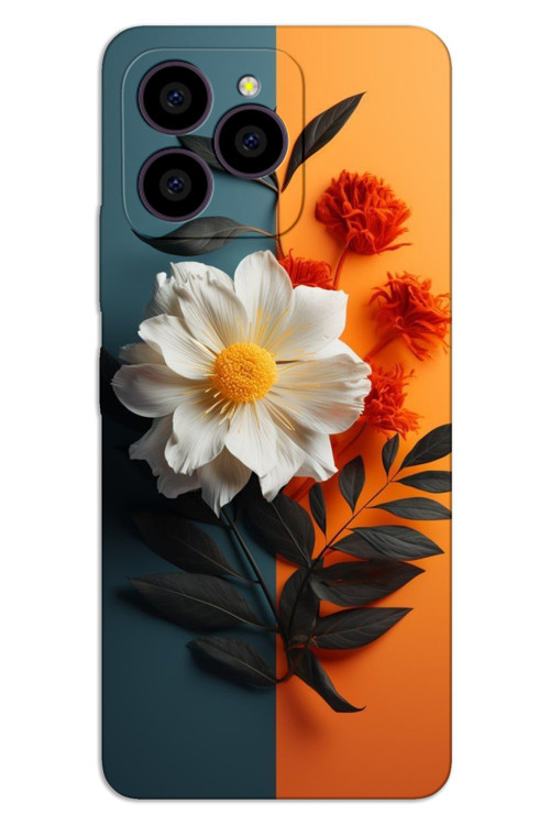Omix X7 Kılıf HD Desen Baskılı Arka Kapak - Beyaz Turuncu Çiçek