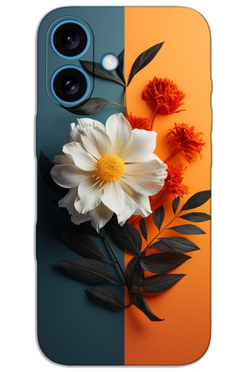 iPhone 16 Plus Kılıf HD Desen Baskılı Arka Kapak - Beyaz Turuncu Çiçek